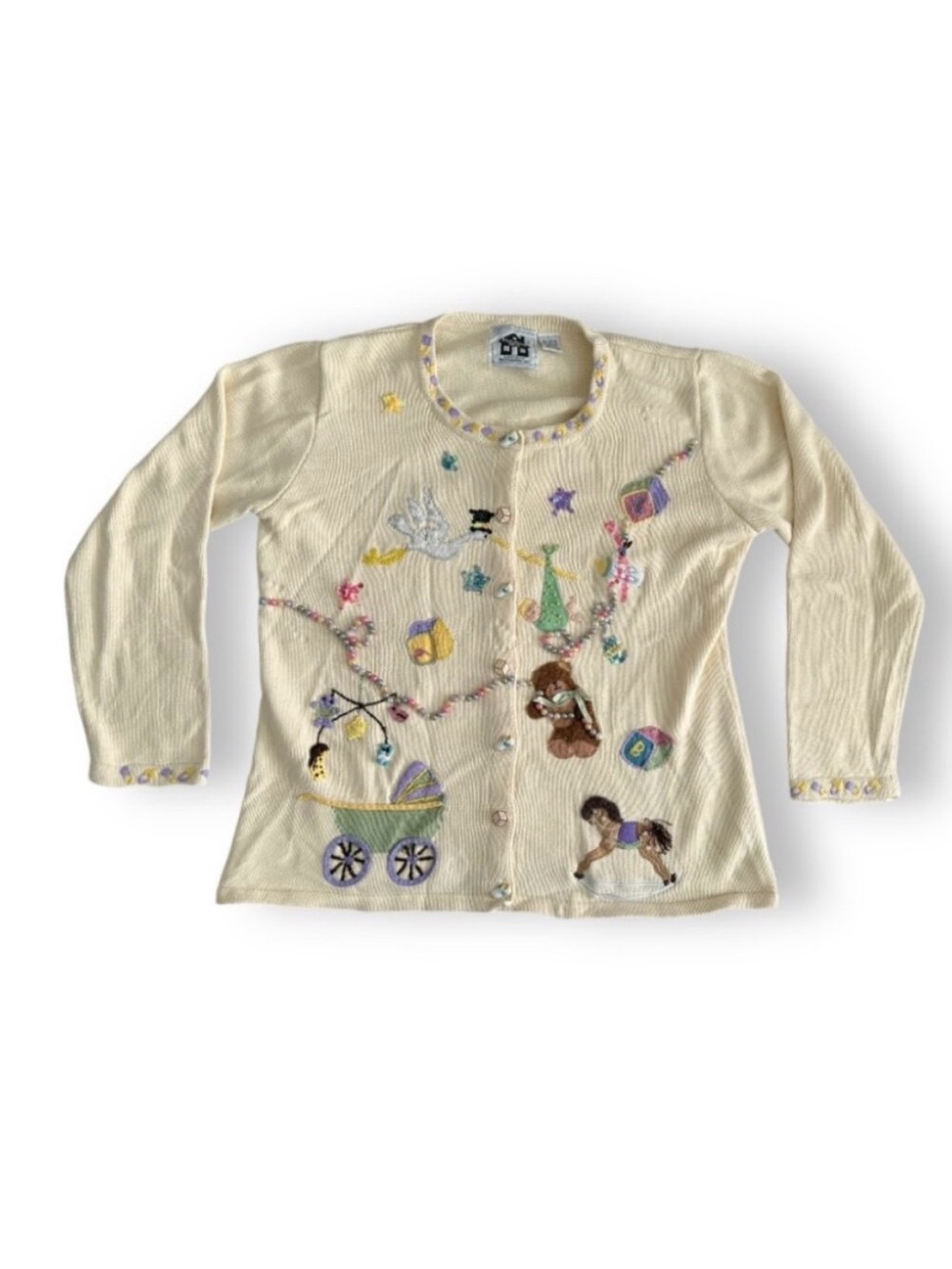 Vintage Storybook Knits Yellow Rock-a-Bye Baby Embroidered Cardigan Womens Large
